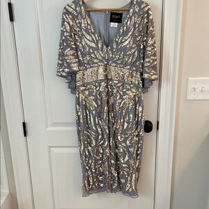 Mac Duggal Gray Midi Dress with Gold Sequin Embellishment